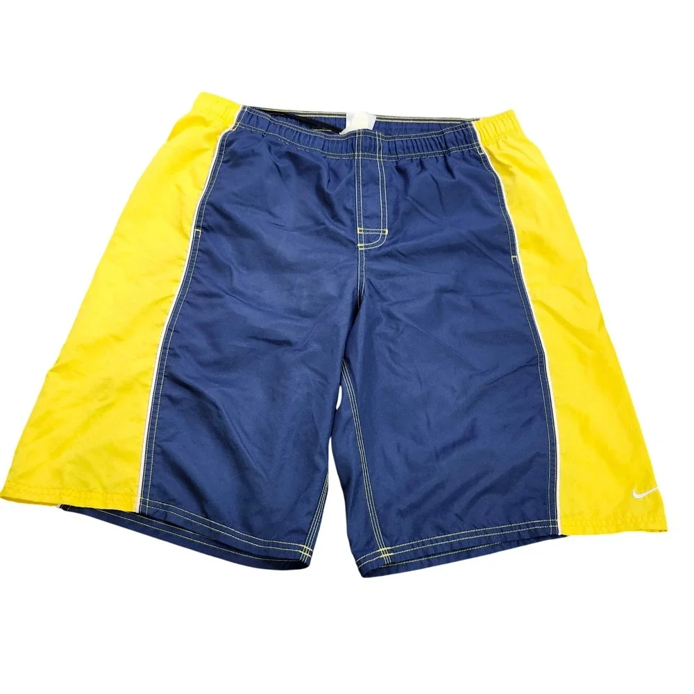 Nike Mens Navy Blue Yellow Colorblock Board Shorts Swim Trunks Mesh Lined